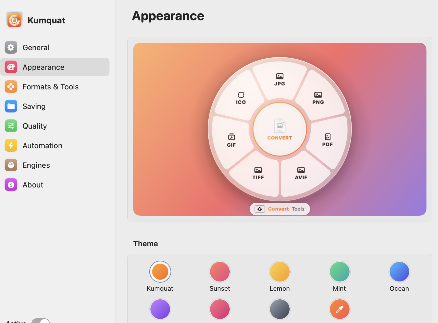 Kumquat Settings window on the Appearance pane, with a live ring preview and theme swatches