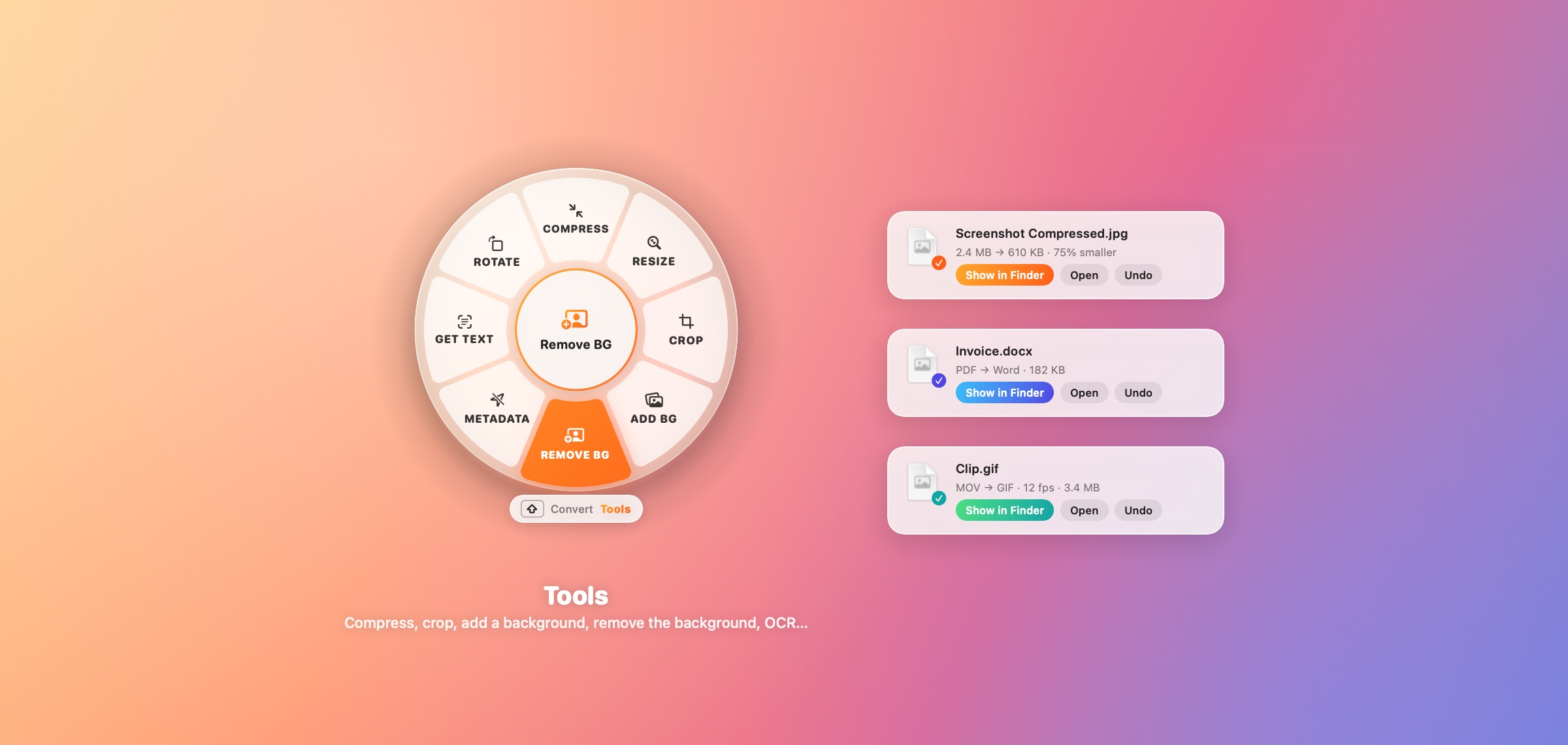 The Tools page of the ring with Remove Background highlighted, next to three result notifications